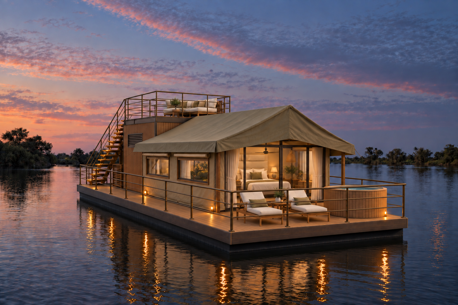 Architectural rendering of Zambezi Sol with its canvas suite, side windows, upper terrace and front deck