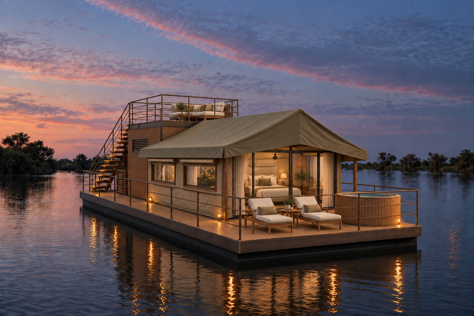 Architectural rendering of Zambezi Sol with its canvas suite, side windows, upper terrace and front deck
