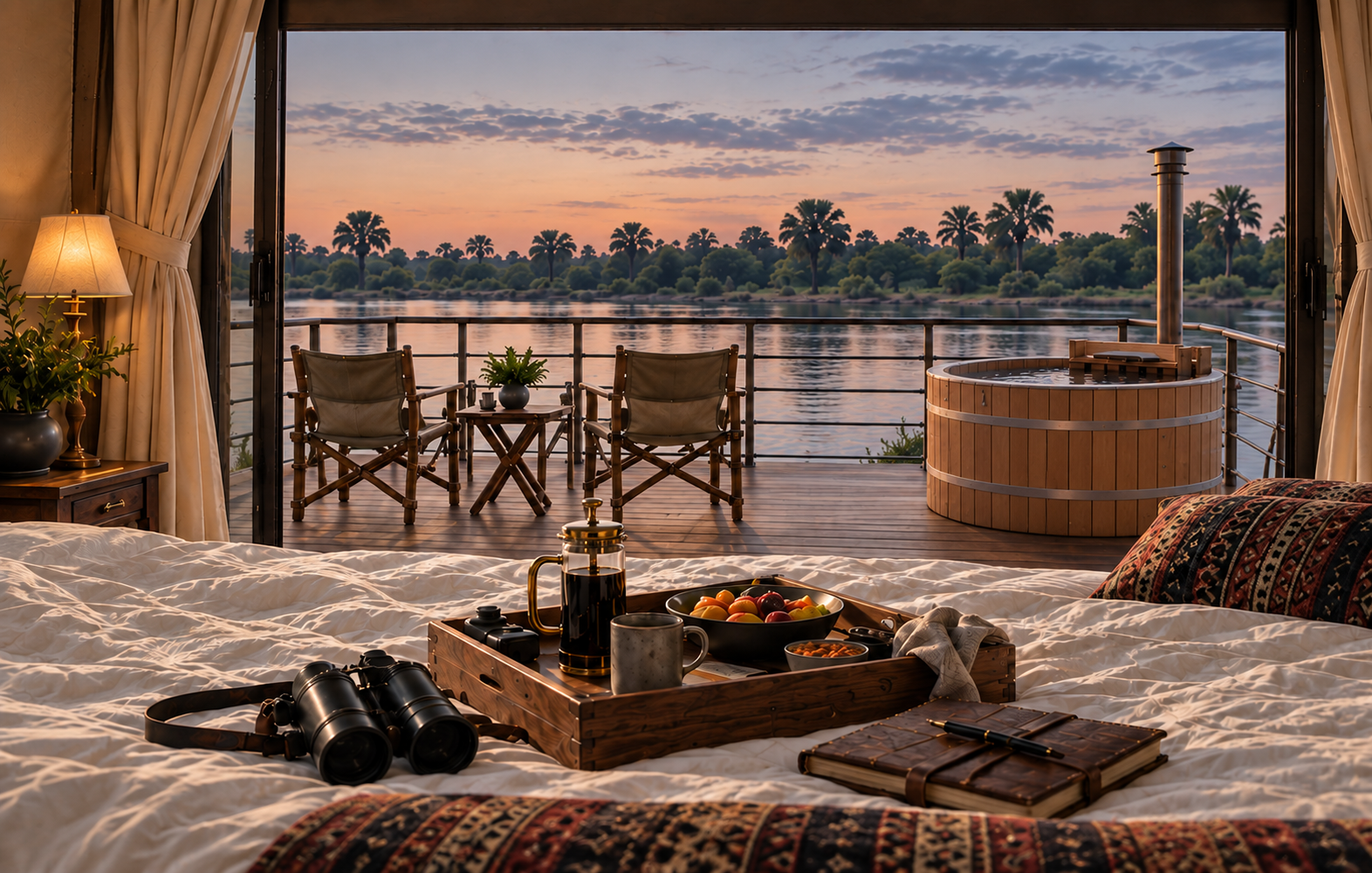 Breakfast in bed looking through the open glass doors toward the river and wood-fired tub