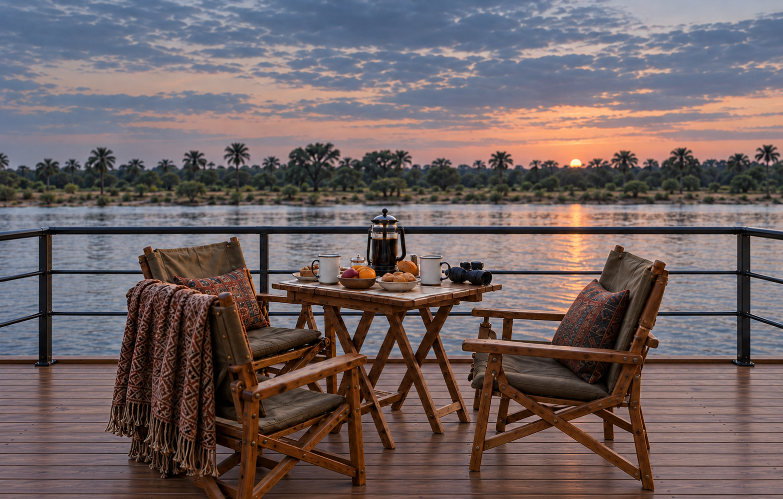 Timber table and canvas chairs on the deck overlooking the river