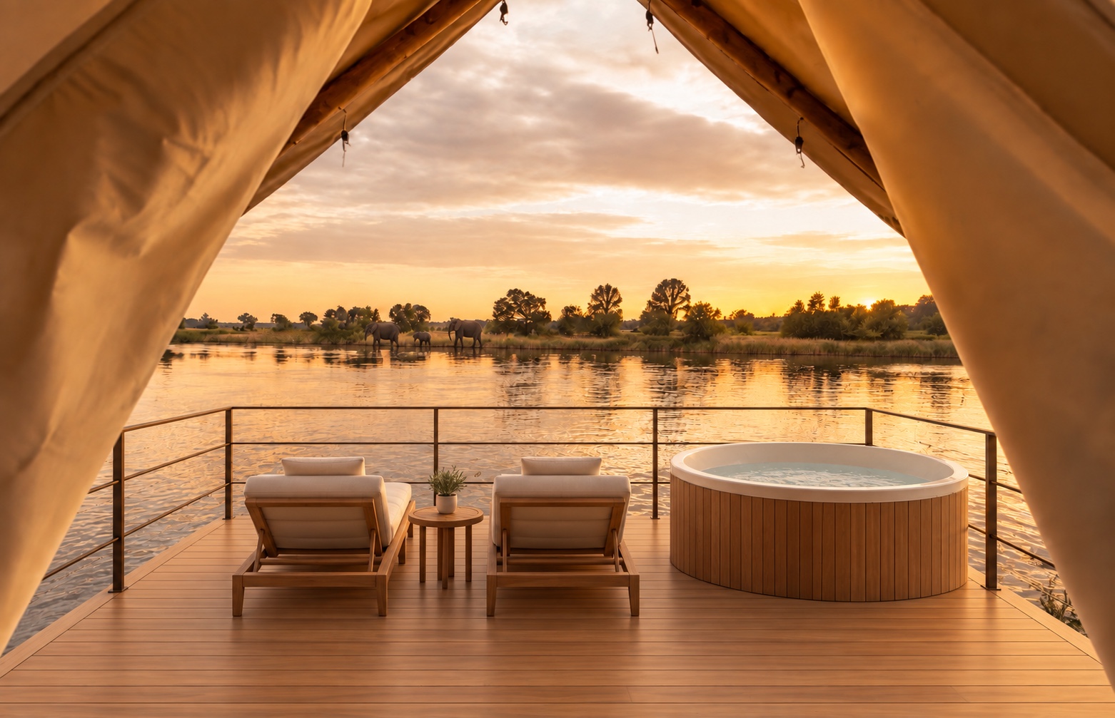 Rendering of the private deck with elephants on the riverbank