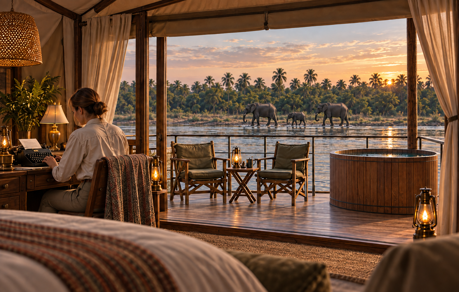 View from the suite across the private deck toward elephants